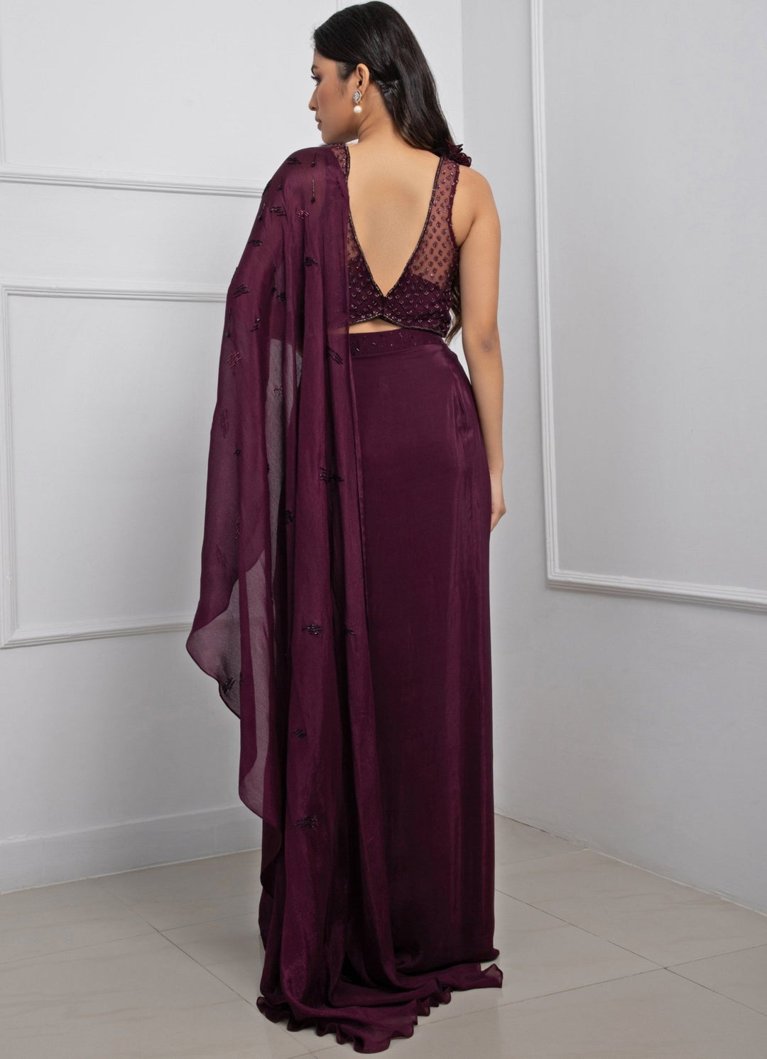 Wine Chiffon Predraped Saree Set With Embroidered Blouse Smriti - Fabilicious Fashion