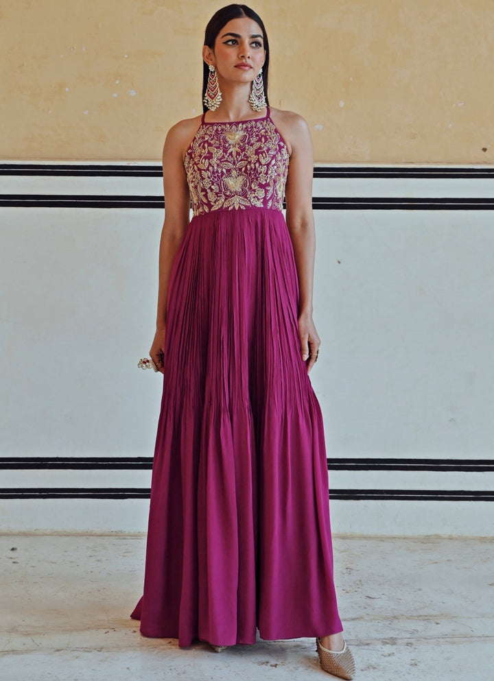 Wine Crepe Embroidered Floor - Length Anarkali With Dupatta Ease - Fabilicious Fashion