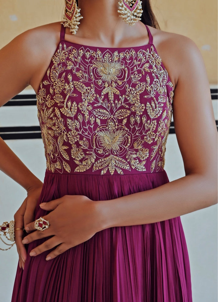Wine Crepe Embroidered Floor - Length Anarkali With Dupatta Ease - Fabilicious Fashion