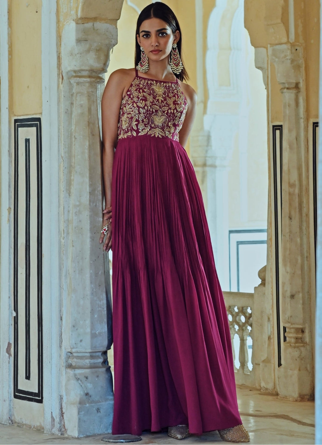 Wine Crepe Embroidered Floor - Length Anarkali With Dupatta Ease - Fabilicious Fashion