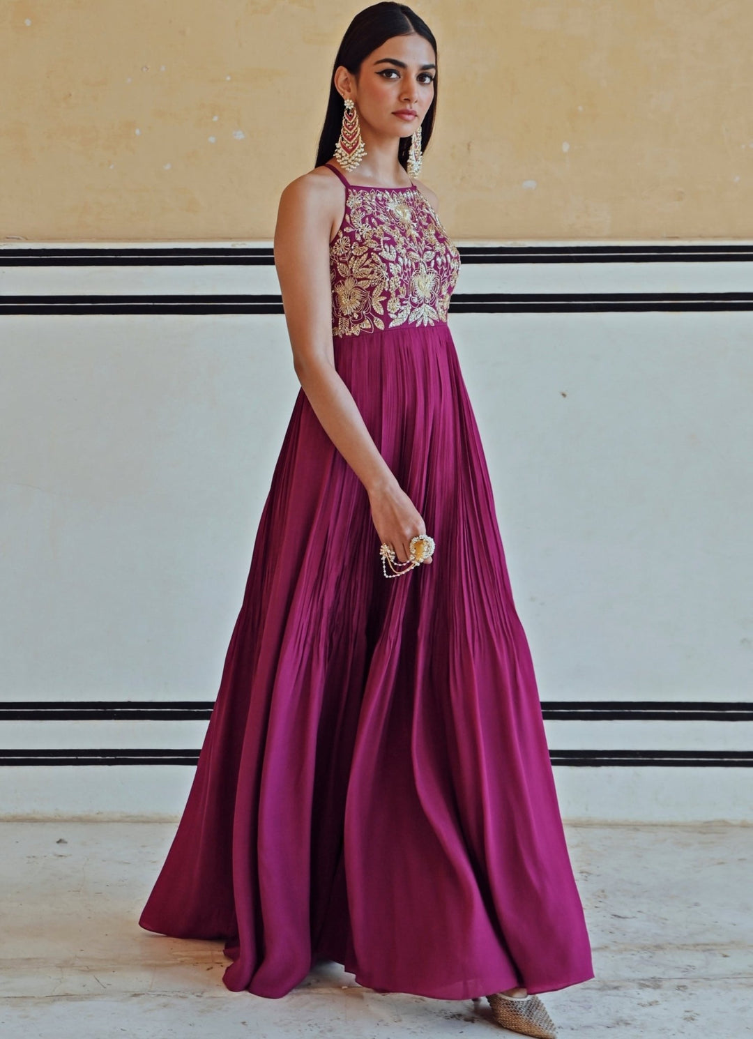 Wine Crepe Embroidered Floor - Length Anarkali With Dupatta Ease - Fabilicious Fashion