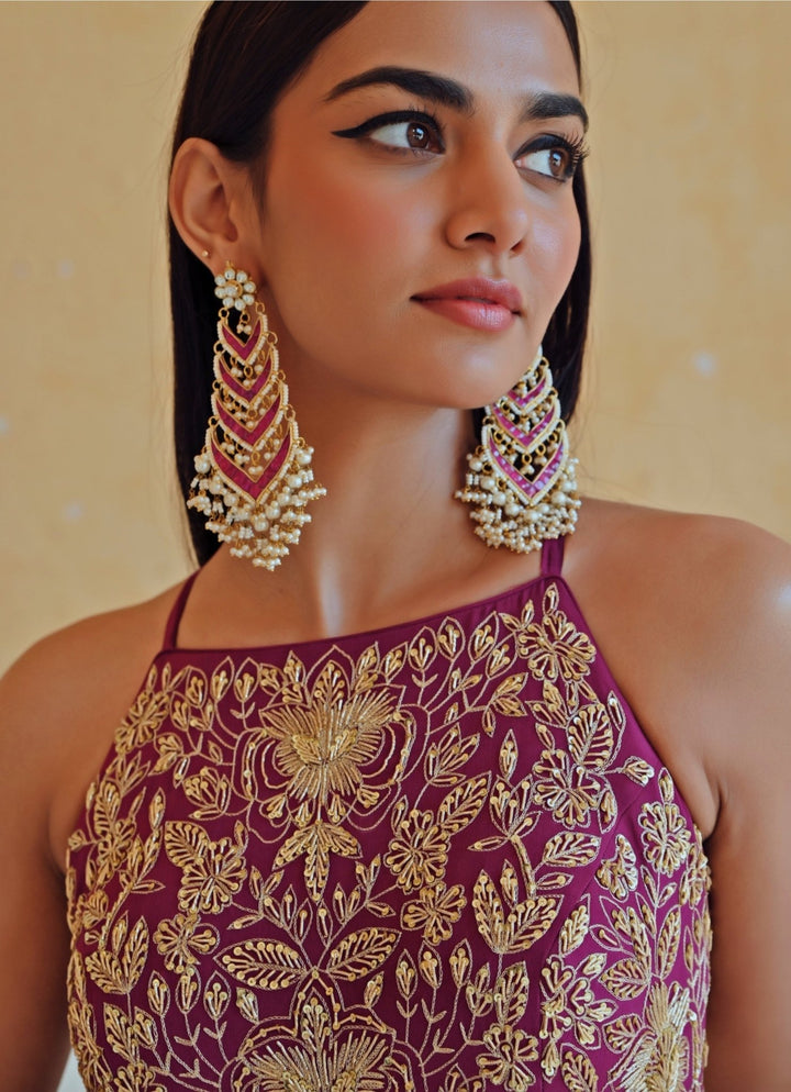 Wine Crepe Embroidered Floor - Length Anarkali With Dupatta Ease - Fabilicious Fashion