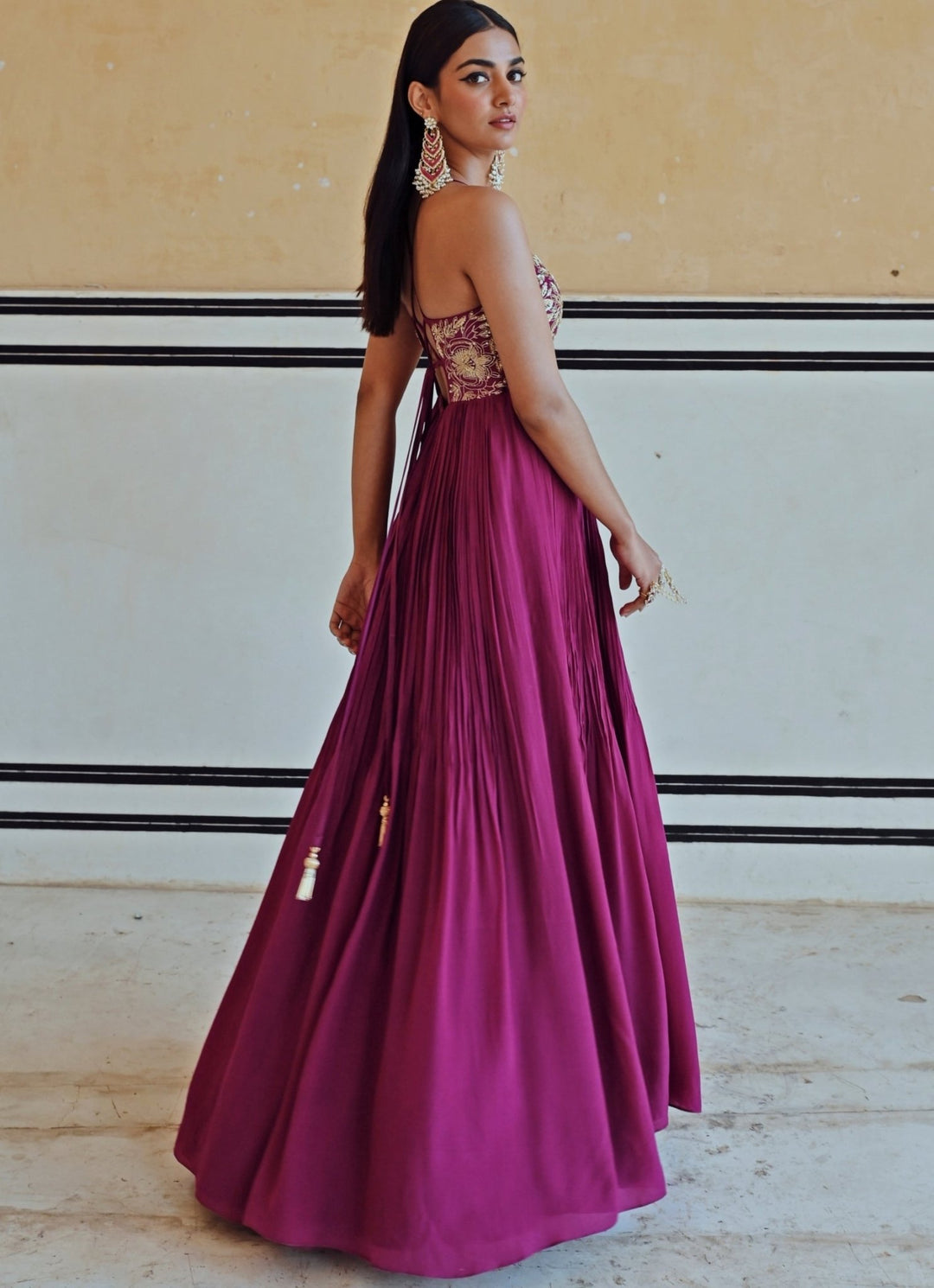 Wine Crepe Embroidered Floor - Length Anarkali With Dupatta Ease - Fabilicious Fashion