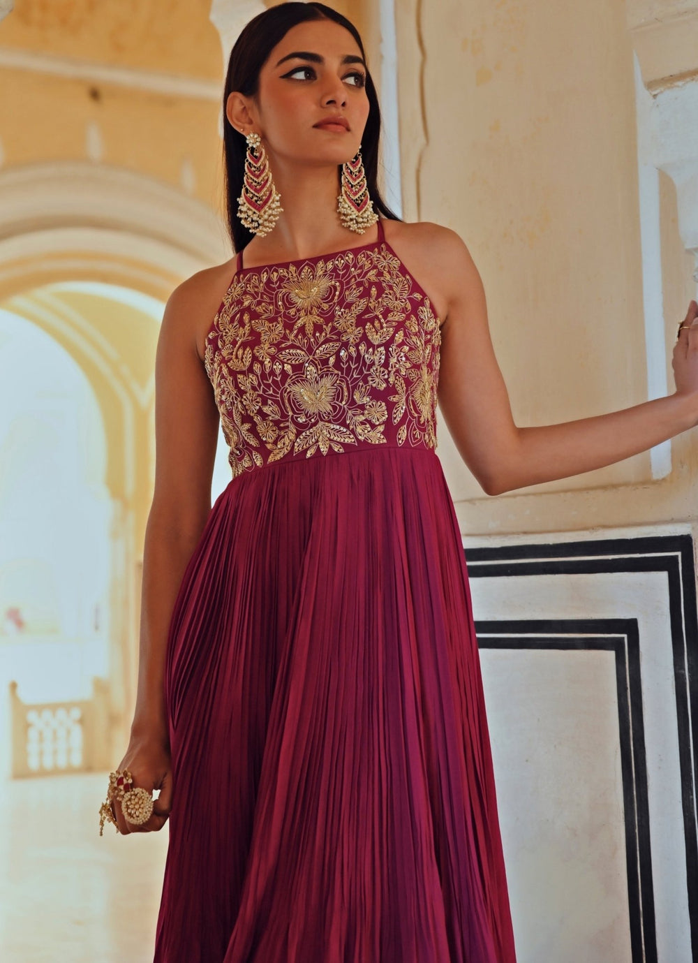 Wine Crepe Embroidered Floor - Length Anarkali With Dupatta Ease - Fabilicious Fashion