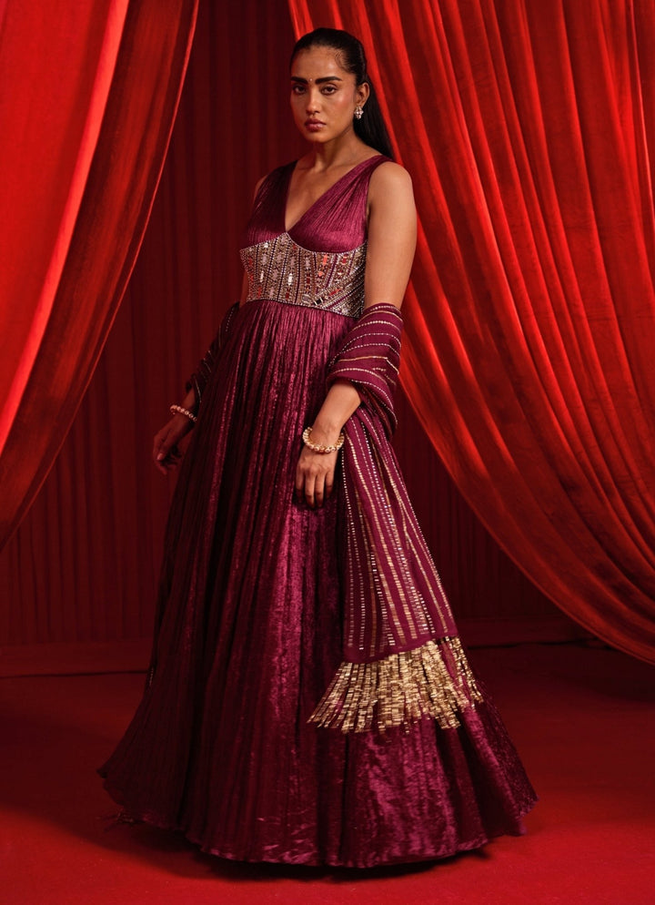 Wine Crushed Silk Corset Anarkali Nidhika Shekhar - Fabilicious Fashion