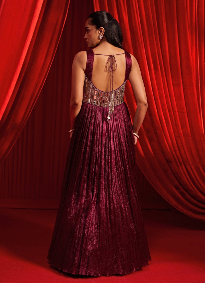 Wine Crushed Silk Corset Anarkali Nidhika Shekhar - Fabilicious Fashion