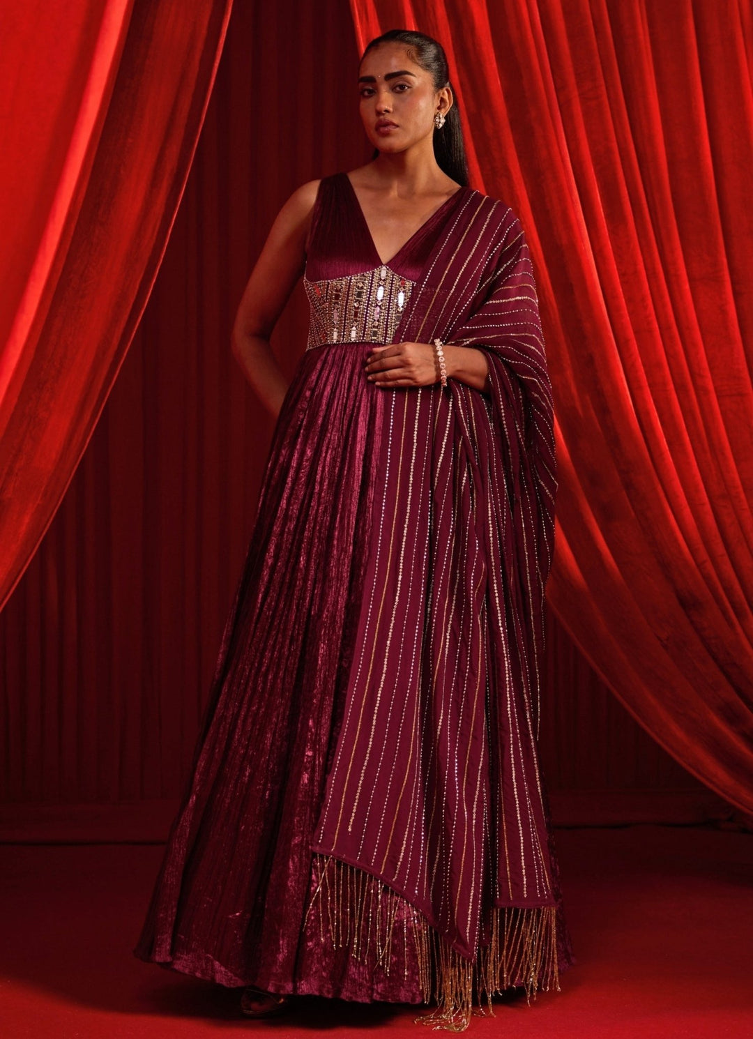 Wine Crushed Silk Corset Anarkali Nidhika Shekhar - Fabilicious Fashion