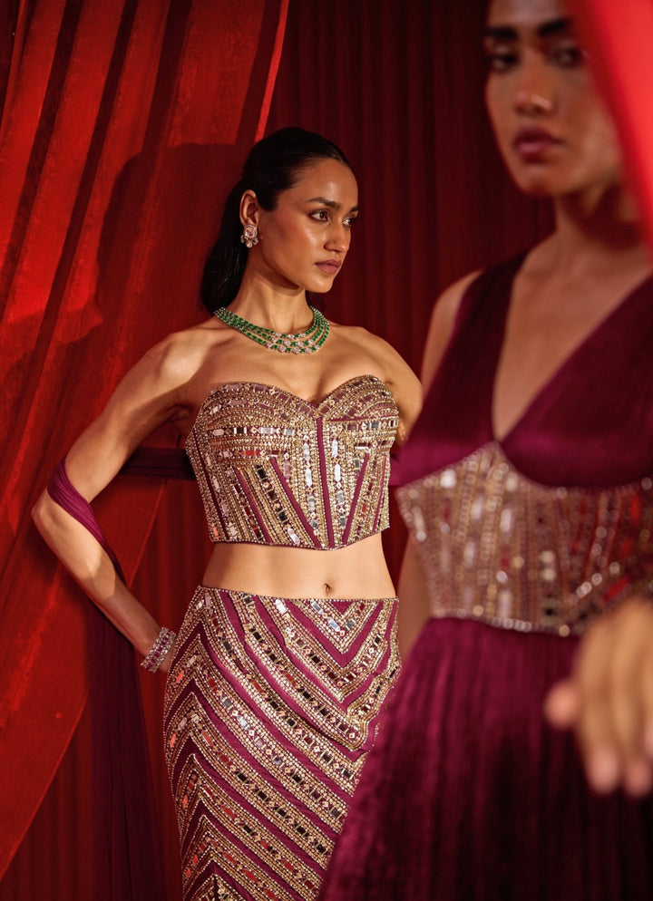 Wine Crushed Silk Corset Anarkali Nidhika Shekhar - Fabilicious Fashion