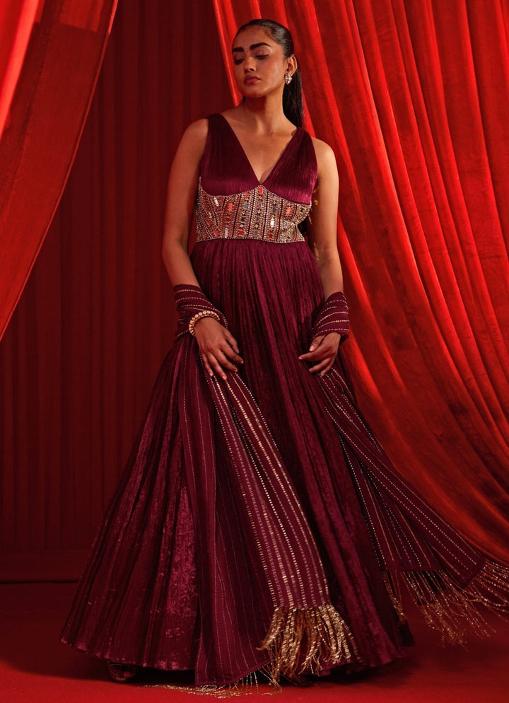Wine Crushed Silk Corset Anarkali Nidhika Shekhar - Fabilicious Fashion
