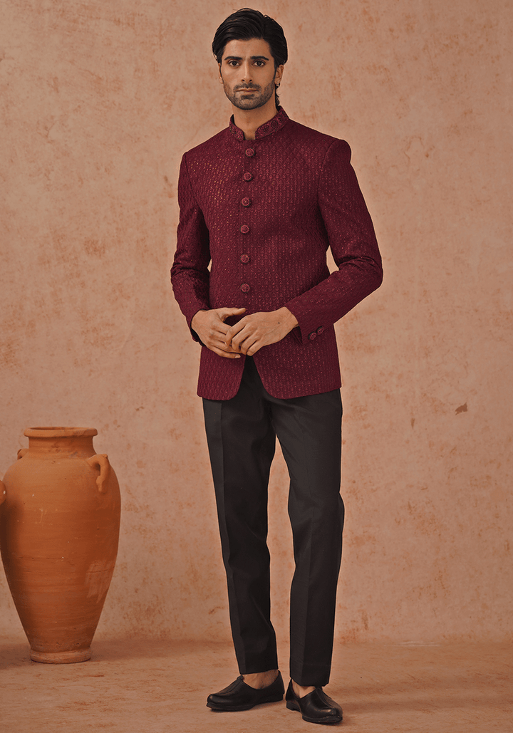 Wine Embellished Jodhpuri Set Kalpraag - Fabilicious Fashion