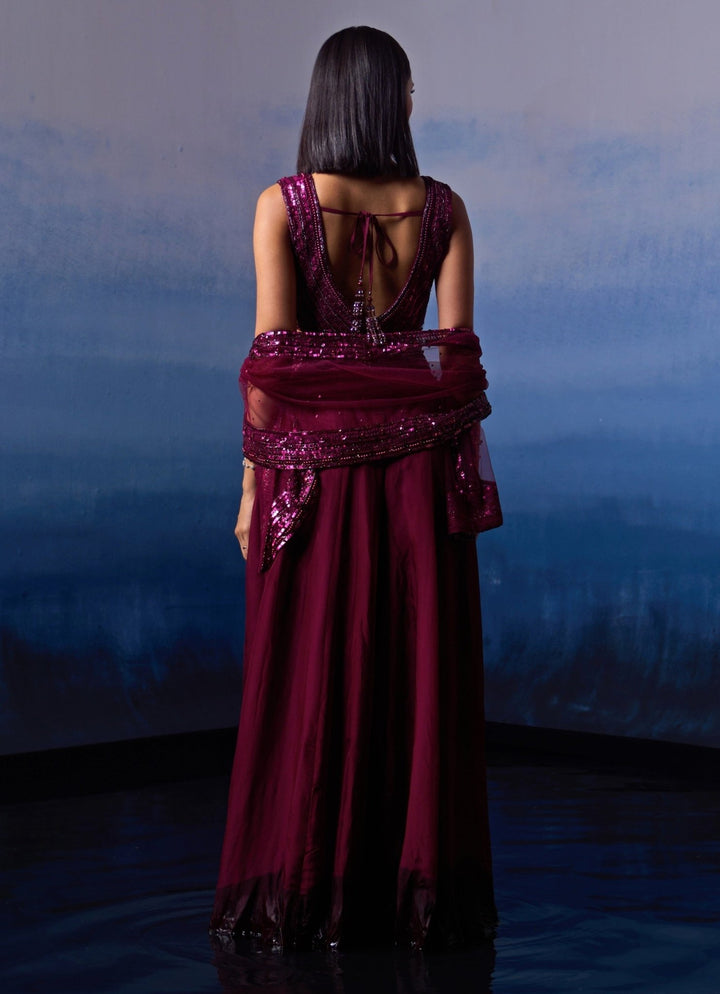 Wine Embellished Organza Sharara with Cape Angad Singh - Fabilicious Fashion