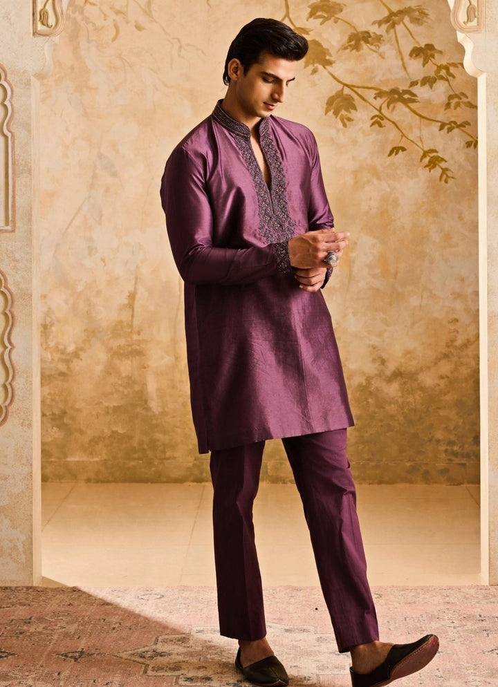 Wine Embroidered Chanderi Kurta Set Nitika Gujral - Men - Fabilicious Fashion