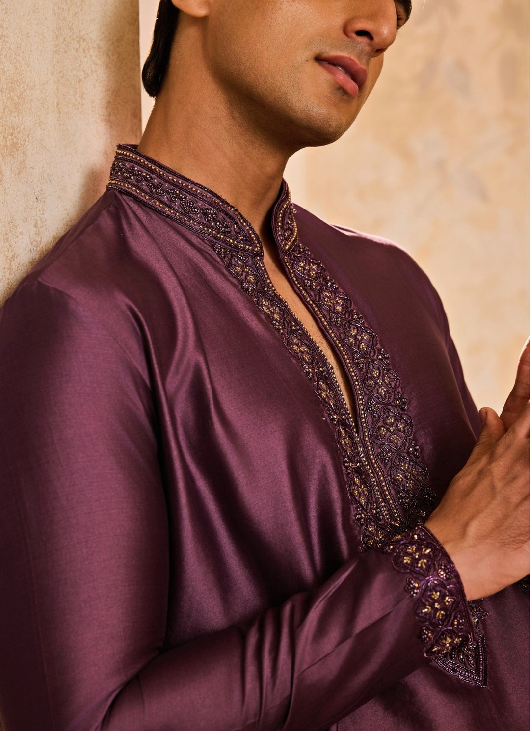 Wine Embroidered Chanderi Kurta Set Nitika Gujral - Men - Fabilicious Fashion