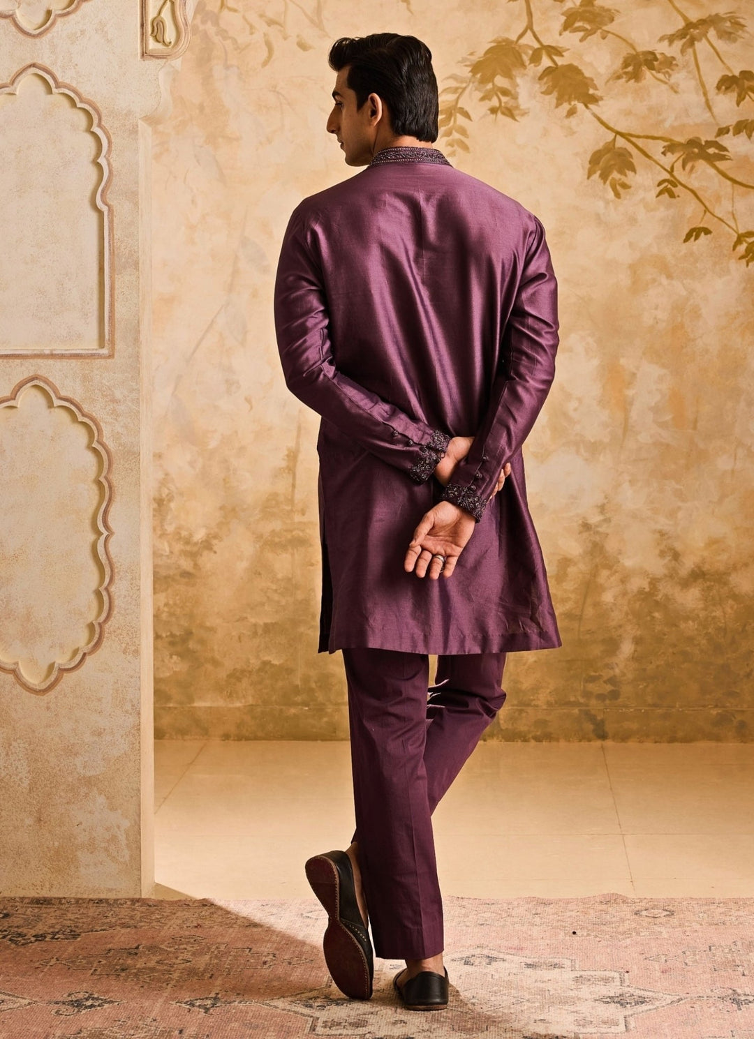 Wine Embroidered Chanderi Kurta Set Nitika Gujral - Men - Fabilicious Fashion