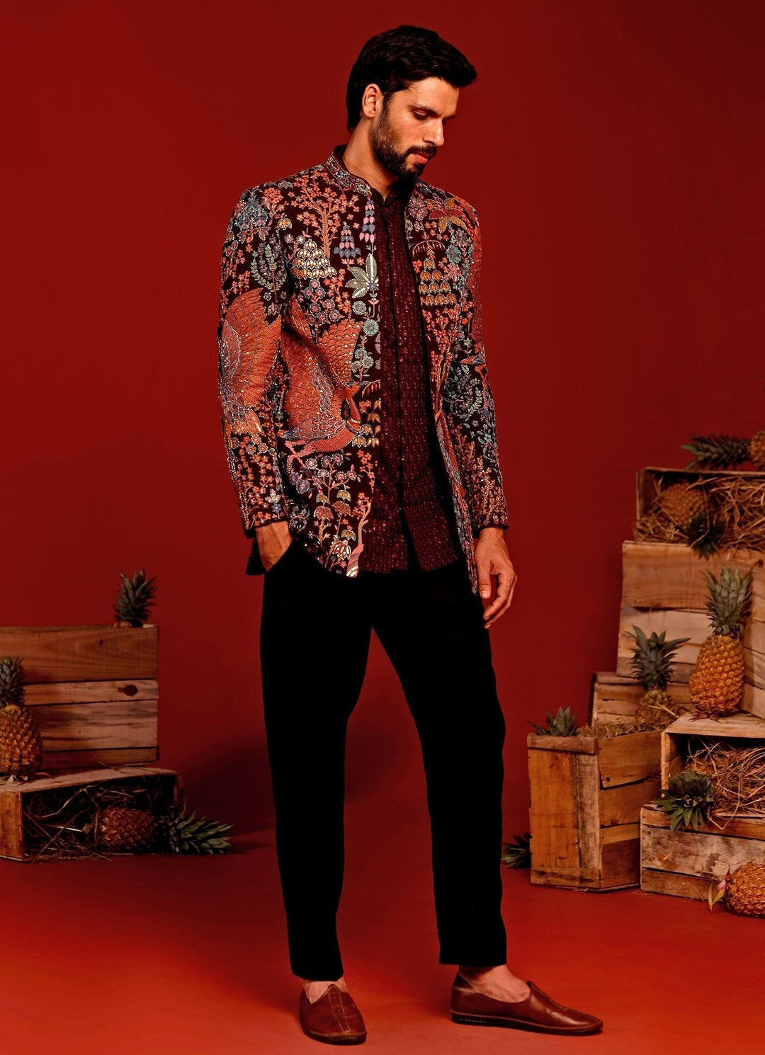 Wine Embroidered Georgette Jodhpuri Jacket Kalpraag - Fabilicious Fashion