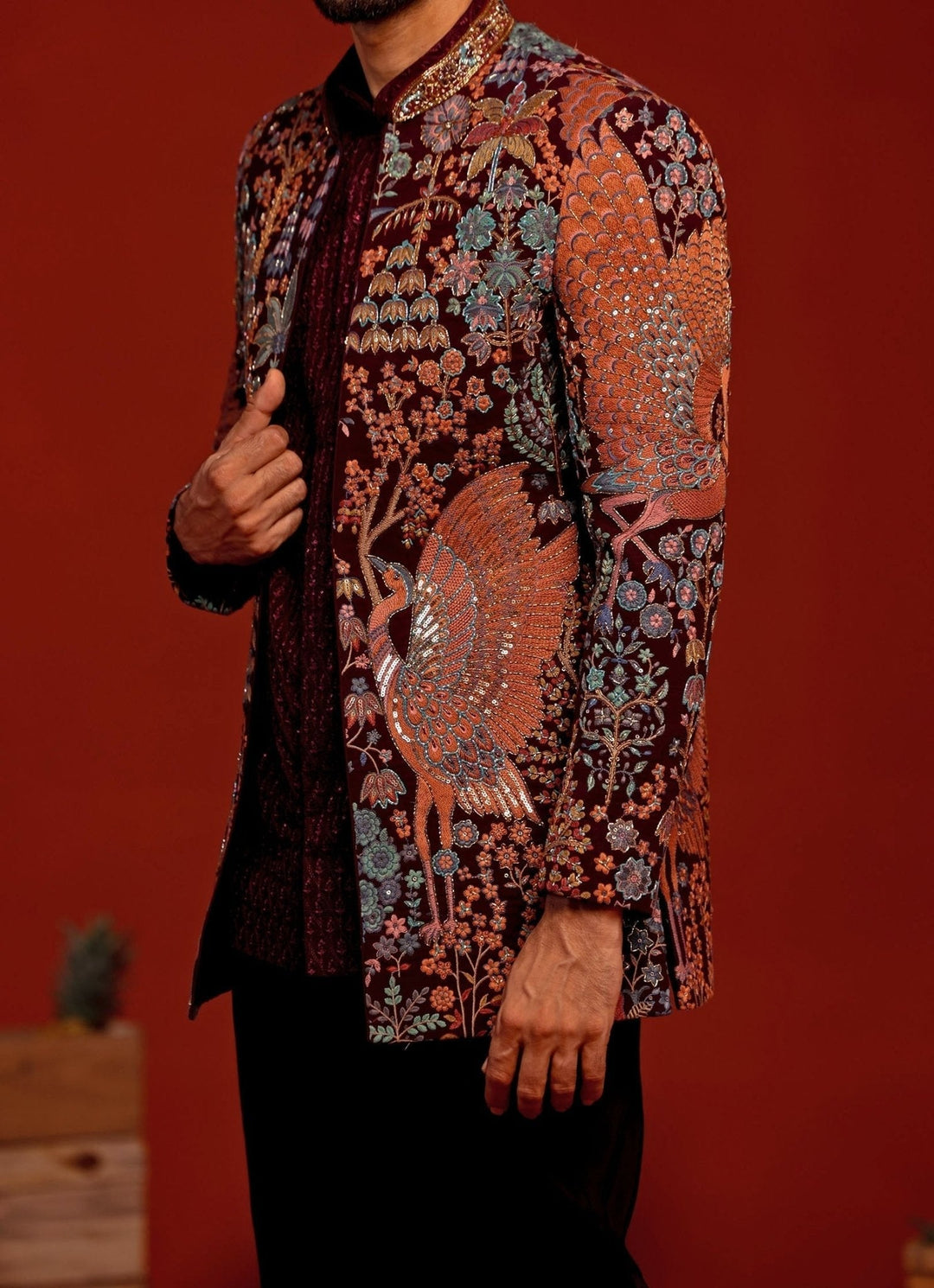 Wine Embroidered Georgette Jodhpuri Jacket Kalpraag - Fabilicious Fashion