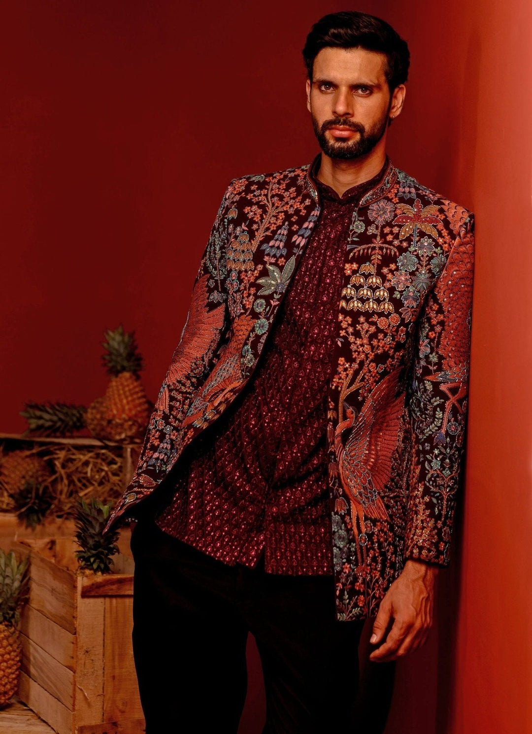 Wine Embroidered Georgette Jodhpuri Jacket Kalpraag - Fabilicious Fashion
