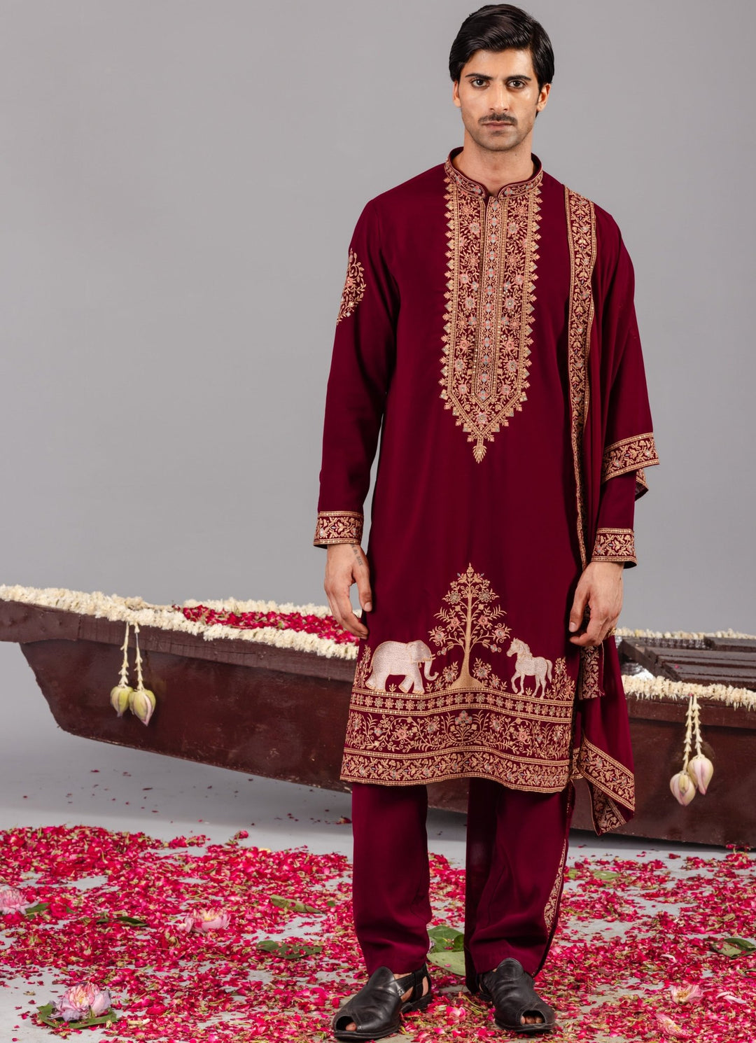 Wine Embroidered Georgette Kurta Pant Set Kalpraag - Fabilicious Fashion