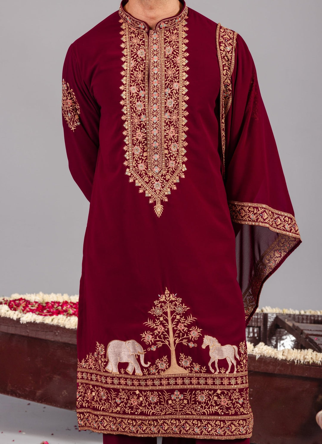 Wine Embroidered Georgette Kurta Pant Set Kalpraag - Fabilicious Fashion