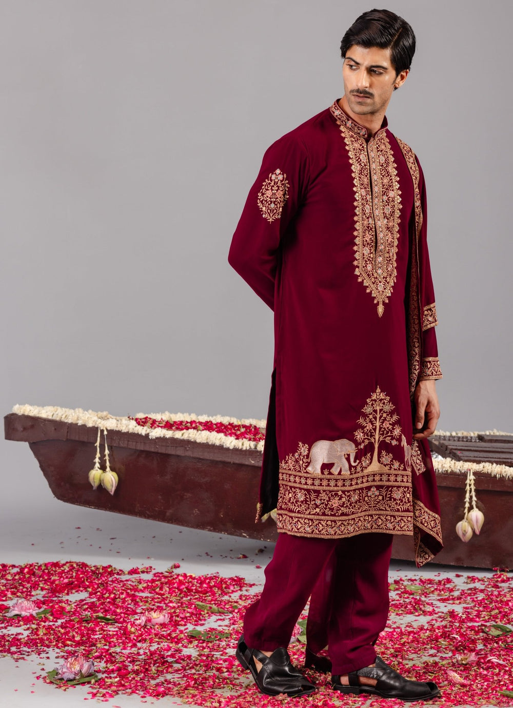 Wine Embroidered Georgette Kurta Pant Set Kalpraag - Fabilicious Fashion