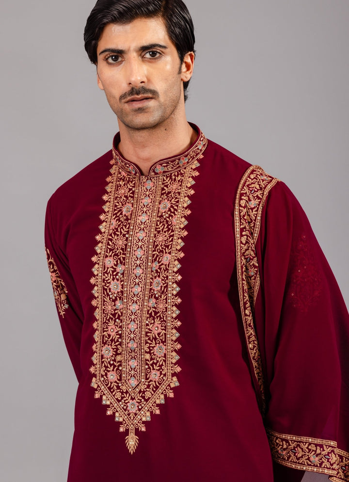 Wine Embroidered Georgette Kurta Pant Set Kalpraag - Fabilicious Fashion