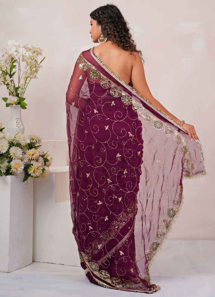 Geroo Jaipur Wine Embroidered Georgette SareeFabilicious Fashion