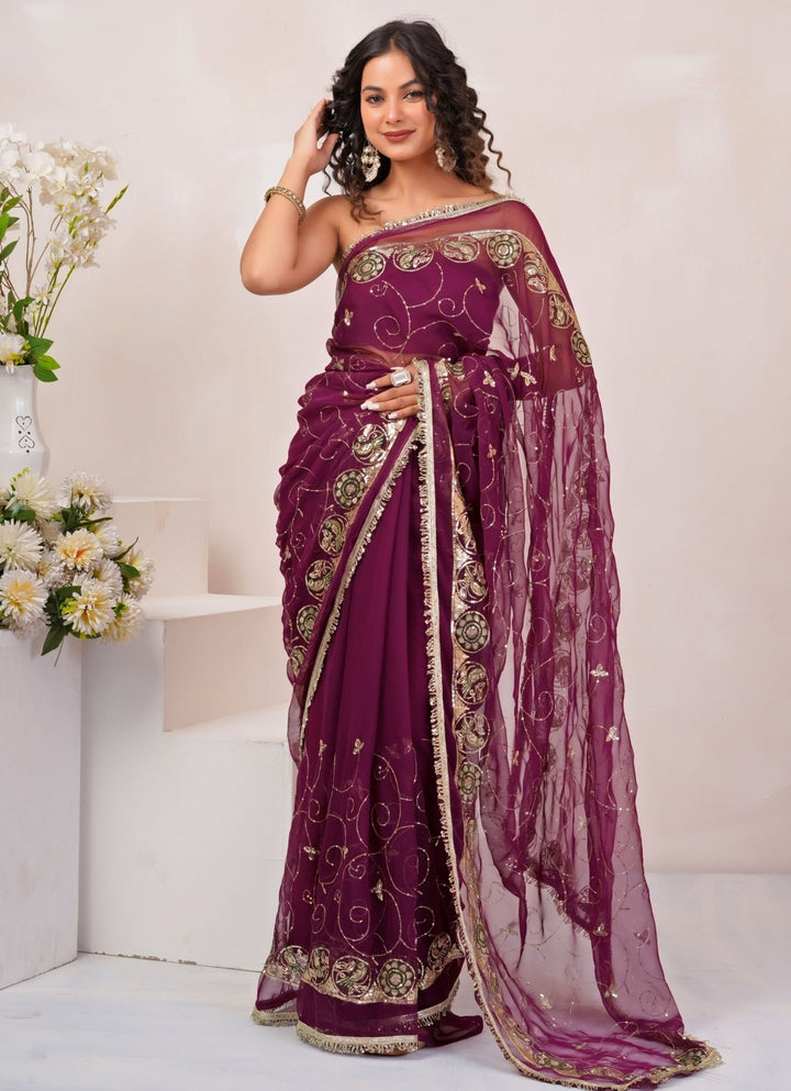 Geroo Jaipur Wine Embroidered Georgette SareeFabilicious Fashion