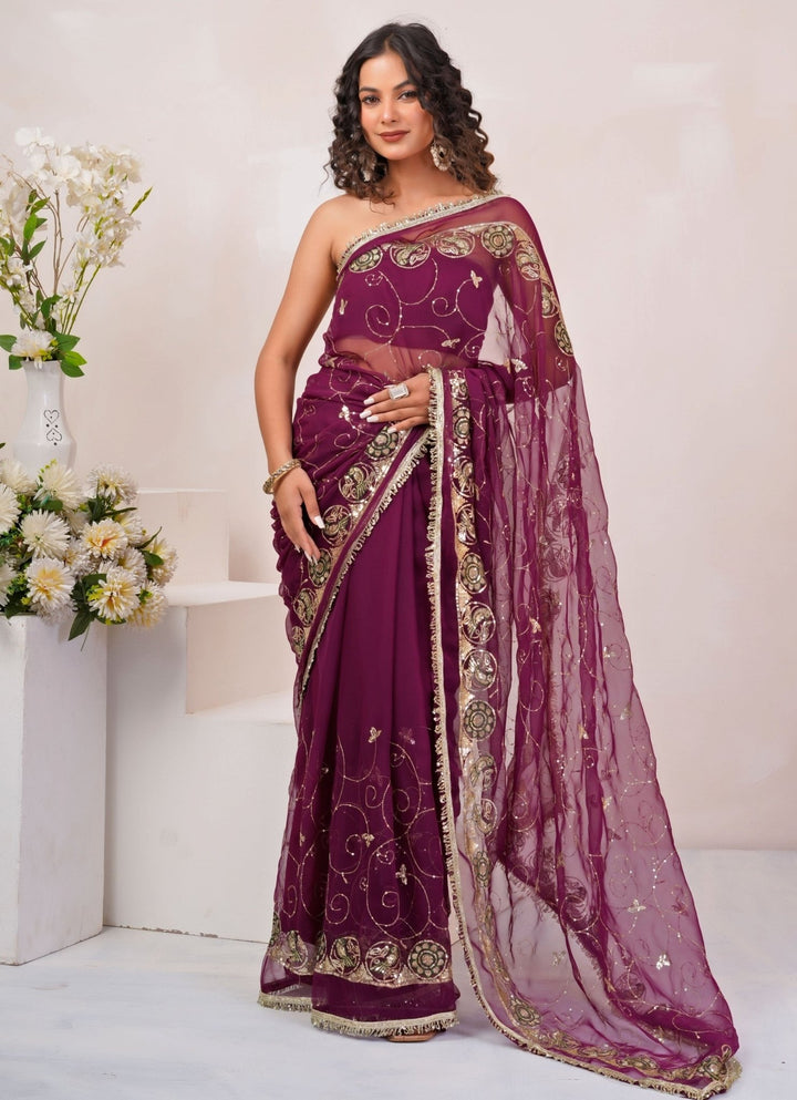 Geroo Jaipur Wine Embroidered Georgette SareeFabilicious Fashion