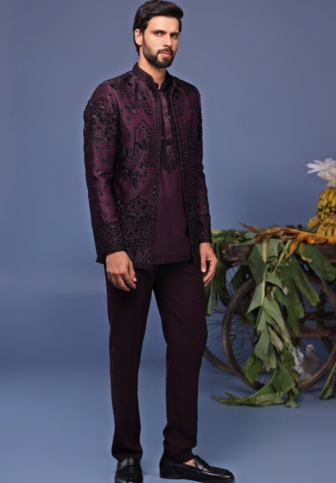 Wine Embroidered Jodhpuri Jacket Pant Set Kalpraag - Fabilicious Fashion
