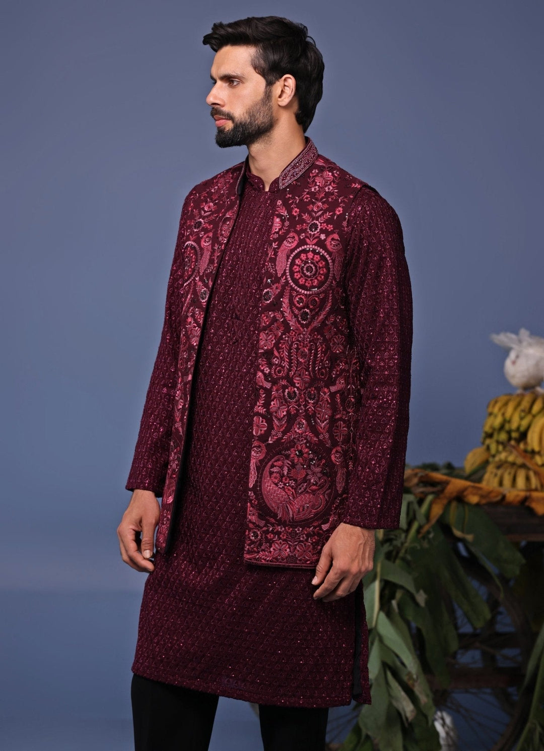 Wine Embroidered Kurta Pant Set with Jacket Kalpraag - Fabilicious Fashion
