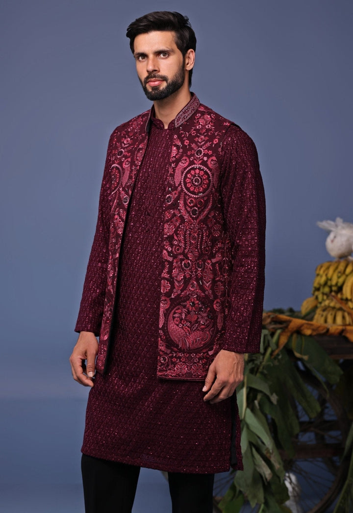 Wine Embroidered Kurta Pant Set with Jacket Kalpraag - Fabilicious Fashion