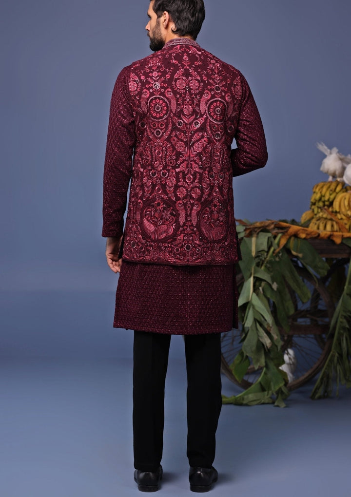 Wine Embroidered Kurta Pant Set with Jacket Kalpraag - Fabilicious Fashion