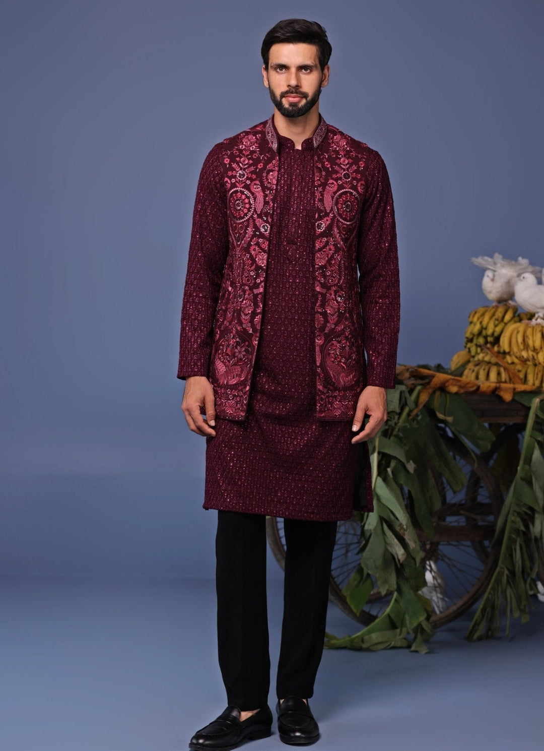 Wine Embroidered Kurta Pant Set with Jacket Kalpraag - Fabilicious Fashion