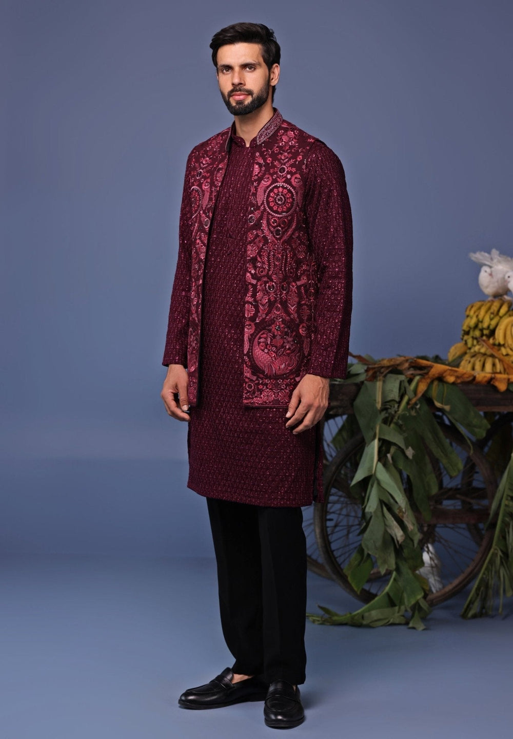 Wine Embroidered Kurta Pant Set with Jacket Kalpraag - Fabilicious Fashion