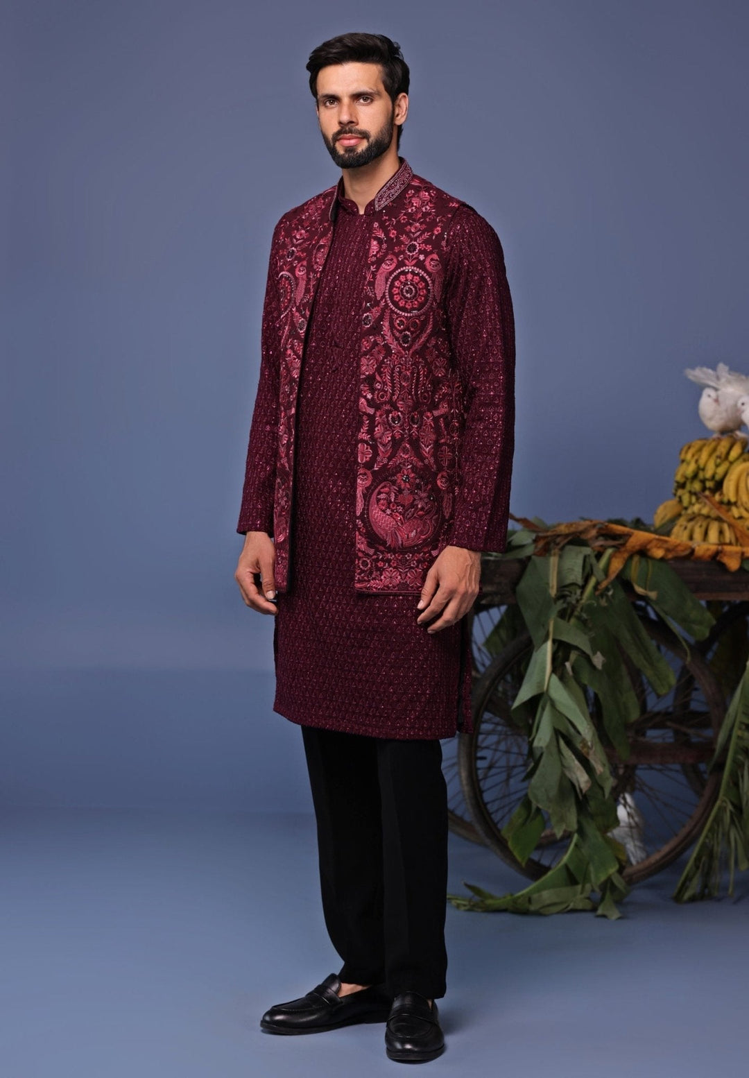 Wine Embroidered Kurta Pant Set with Jacket Kalpraag - Fabilicious Fashion