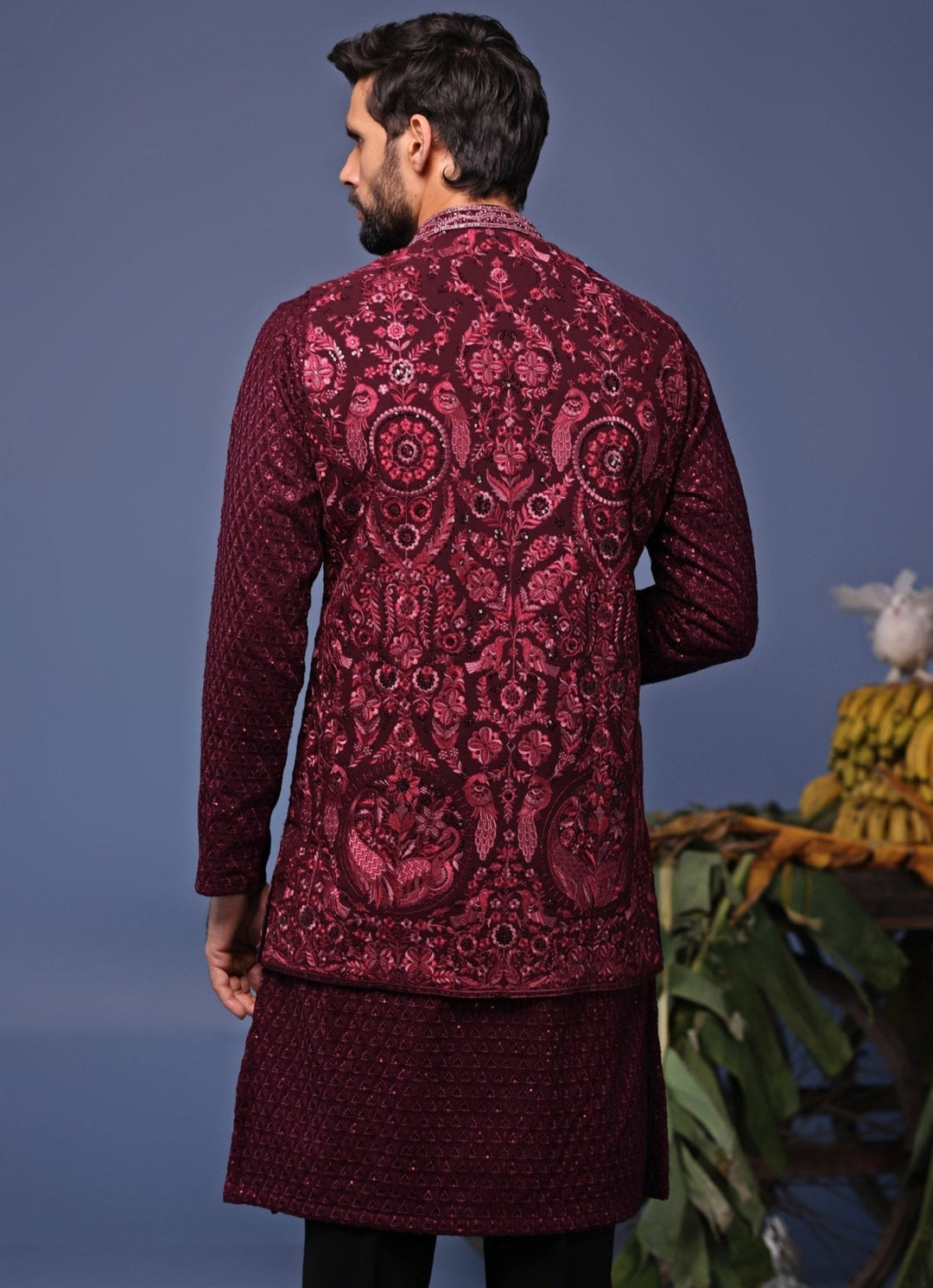 Wine Embroidered Kurta Pant Set with Jacket Kalpraag - Fabilicious Fashion