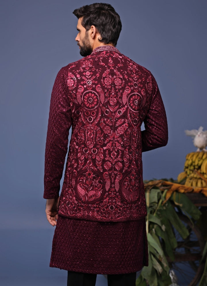 Wine Embroidered Kurta Pant Set with Jacket Kalpraag - Fabilicious Fashion