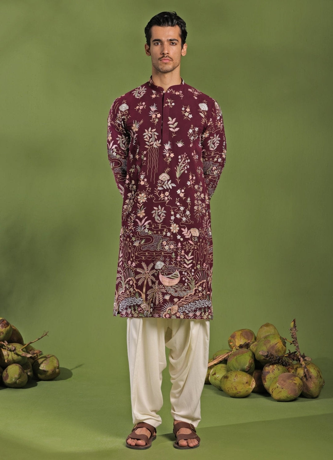 Wine Embroidered Kurta Patiala Pant Set With Dupatta Kalpraag - Fabilicious Fashion