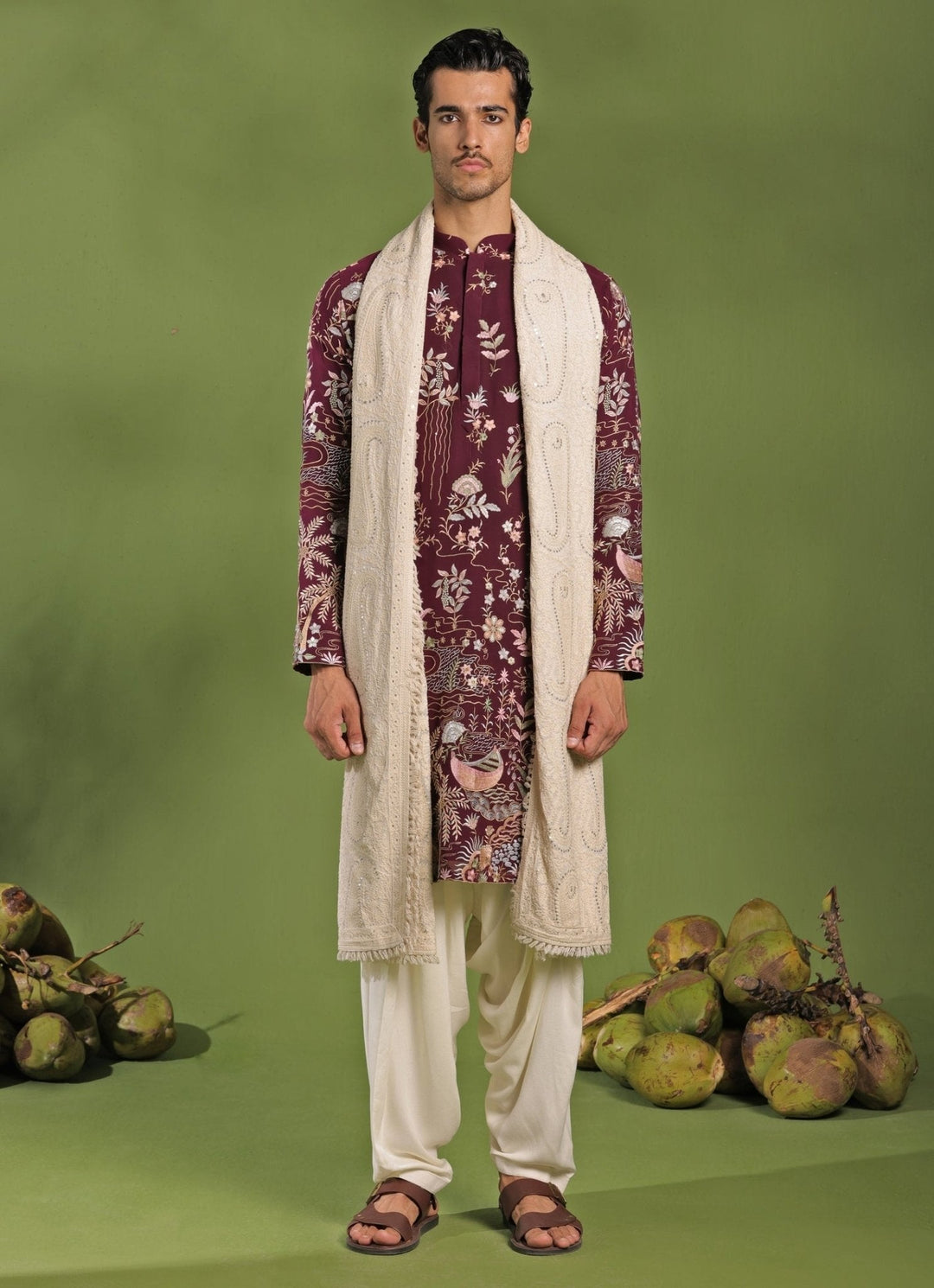 Wine Embroidered Kurta Patiala Pant Set With Dupatta Kalpraag - Fabilicious Fashion