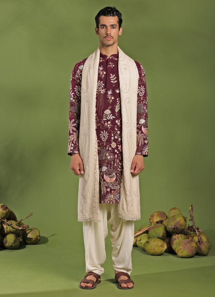 Wine Embroidered Kurta Patiala Pant Set With Dupatta Kalpraag - Fabilicious Fashion