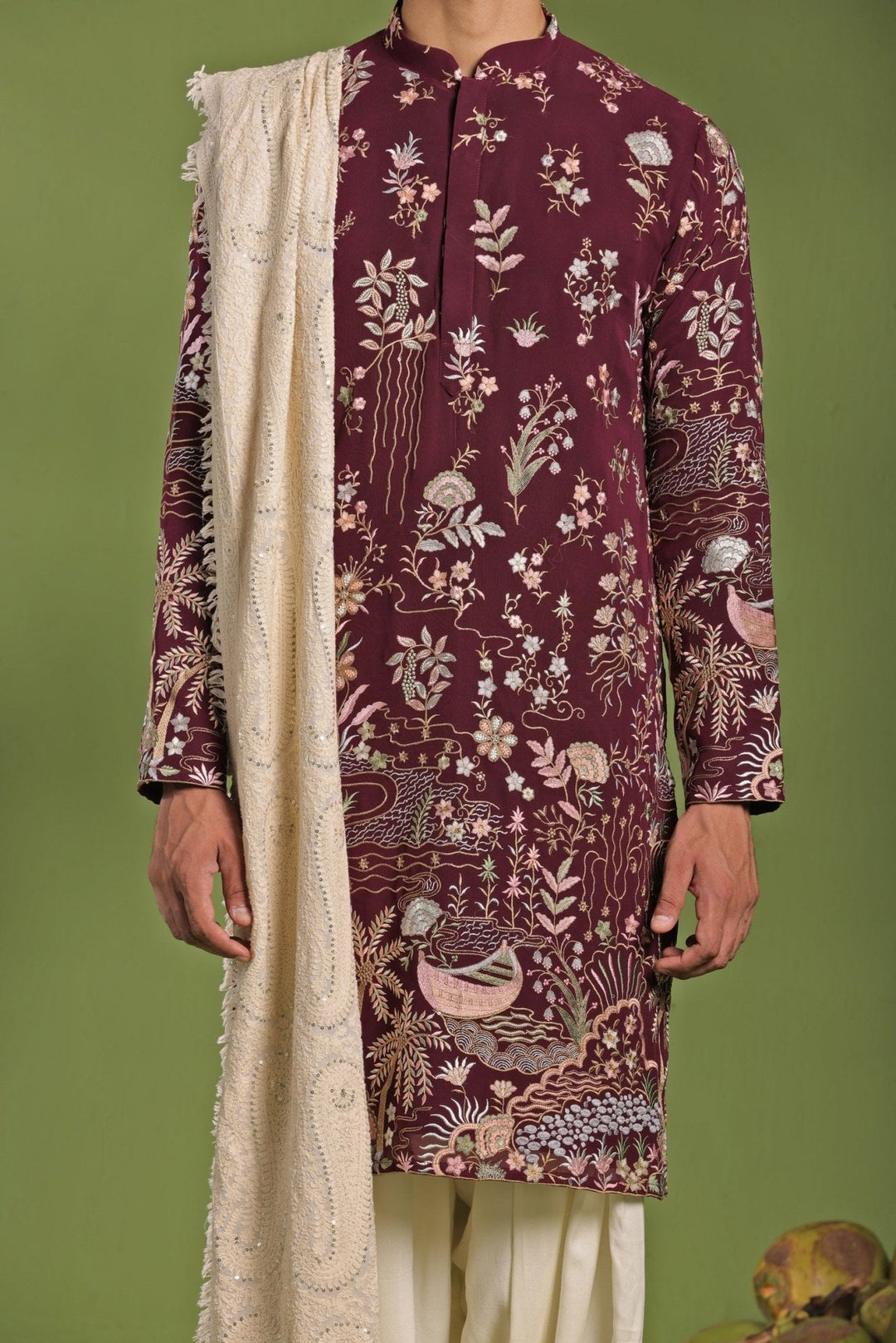 Wine Embroidered Kurta Patiala Pant Set With Dupatta Kalpraag - Fabilicious Fashion