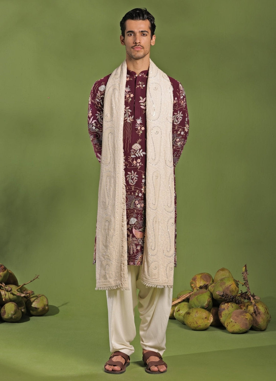 Wine Embroidered Kurta Patiala Pant Set With Dupatta Kalpraag - Fabilicious Fashion