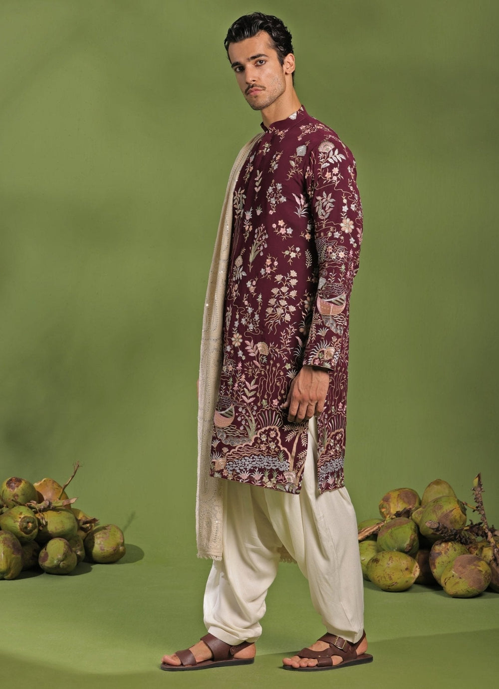 Wine Embroidered Kurta Patiala Pant Set With Dupatta Kalpraag - Fabilicious Fashion