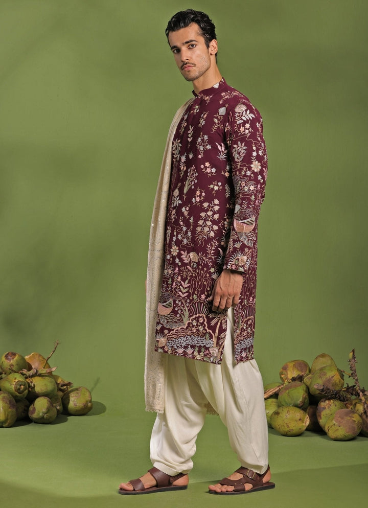 Wine Embroidered Kurta Patiala Pant Set With Dupatta Kalpraag - Fabilicious Fashion