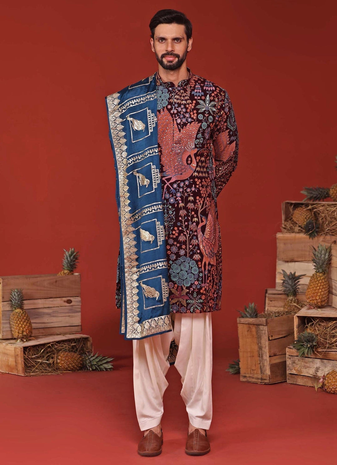 Wine Embroidered Kurta Patiala Set With Contrast Dupatta Kalpraag - Fabilicious Fashion