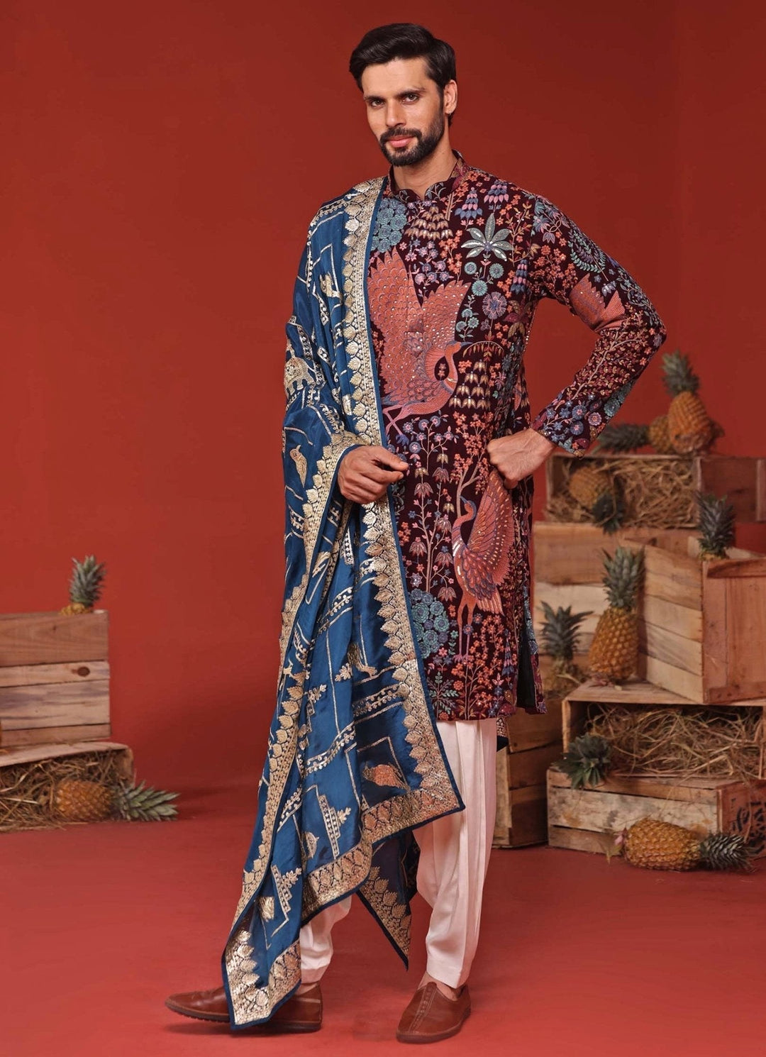 Wine Embroidered Kurta Patiala Set With Contrast Dupatta Kalpraag - Fabilicious Fashion