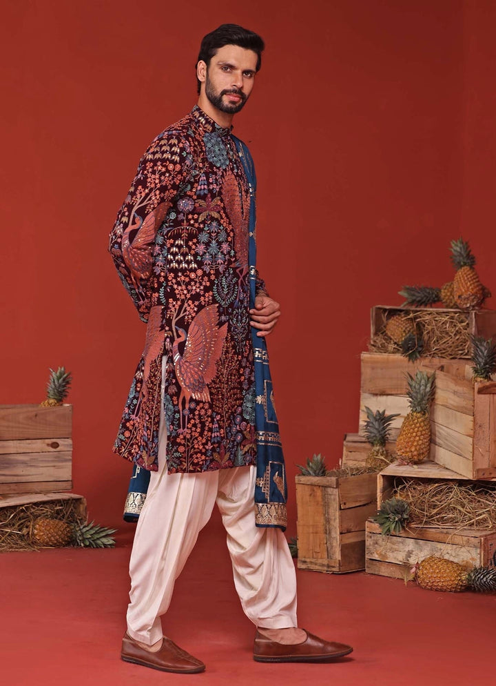 Wine Embroidered Kurta Patiala Set With Contrast Dupatta Kalpraag - Fabilicious Fashion