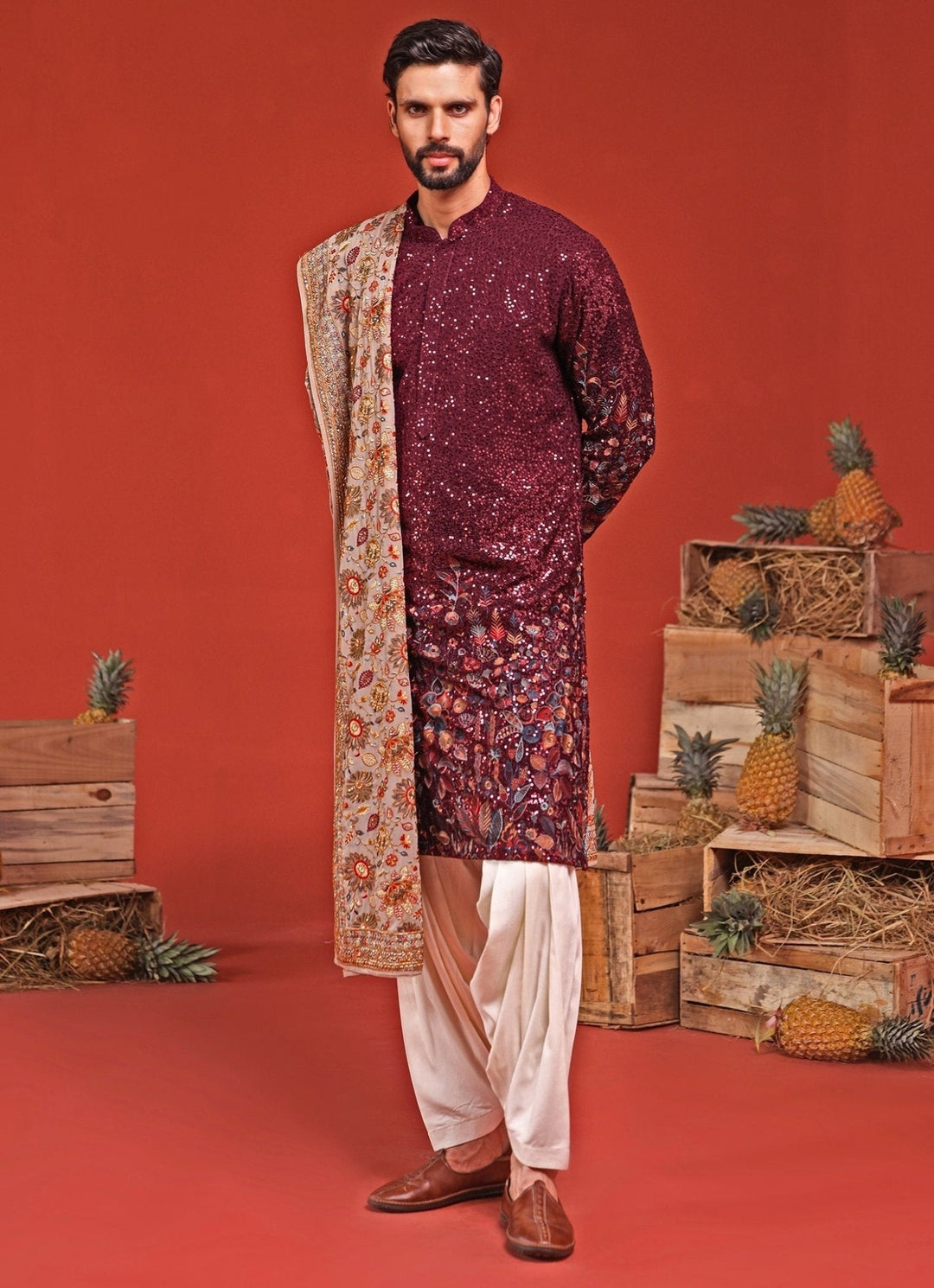 Wine Embroidered Kurta Patiala Set With Dupatta Kalpraag - Fabilicious Fashion