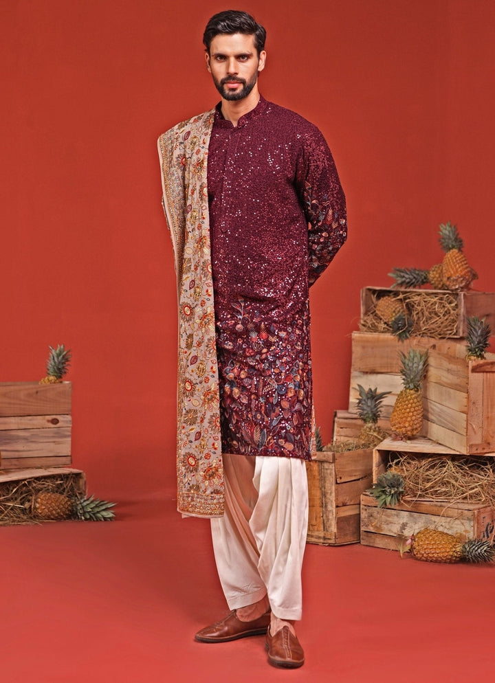 Wine Embroidered Kurta Patiala Set With Dupatta Kalpraag - Fabilicious Fashion