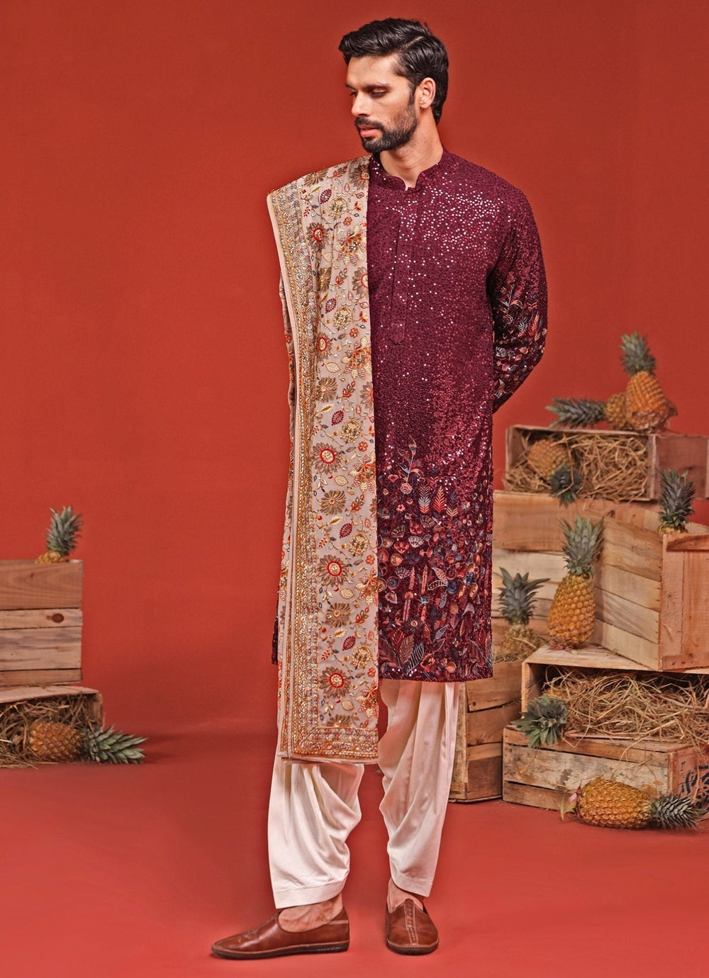 Wine Embroidered Kurta Patiala Set With Dupatta Kalpraag - Fabilicious Fashion